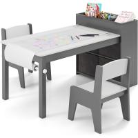 Juego de mesa de arte y actividades para niños, mesa de manualidades con 2 sillas, rollo de papel, estantes y 4 cestas de tela, para niños en la sala de juegos (gris) - details 0