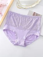 Paquete de 4 Bragas Elegantes de Talle Alto para Tallas Grandes, Tejido de Punto de Nylon 90% Spandex 10% con Detalle de Encaje de Contraste, Color Liso, Ligeramente Elástico, Bragas de Ajuste Cómodo - details 5