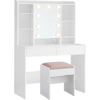 Tocador con Luces LED con Brillo Ajustable, Mesa de Maquillaje con Espejo, Espacioso, Estantes Ajustables, 2 Cajones, Mesa de Maquillaje, Blanco Nube - details 14