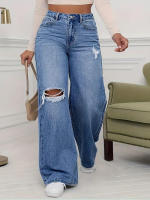 Pantalones rectos de pierna ancha, superventas, hasta la cintura, hasta el suelo, vaqueros rasgados para mujer, azul claro - details 5