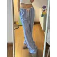 Pantalones holgados de pierna recta a rayas para mujer, moda coreana, cintura elástica, dobladillo empalmado, pantalones femeninos - details 4