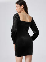 Mujer de cuello cuadrado temperamento vestido de moda de manga larga burbuja vestido de fiesta de terciopelo de manga larga a - details 2