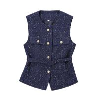 Chaleco de Lana Gruesa con Cinturón Cuello Redondo, Sin Mangas, Botón Frontal, Elegante Top para Mujeres Moda de Vestidos de Moda - details 2