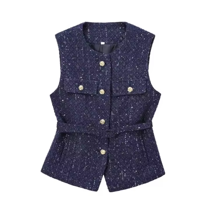 Chaleco de Lana Gruesa con Cinturón Cuello Redondo, Sin Mangas, Botón Frontal, Elegante Top para Mujeres Moda de Vestidos de Moda - 1