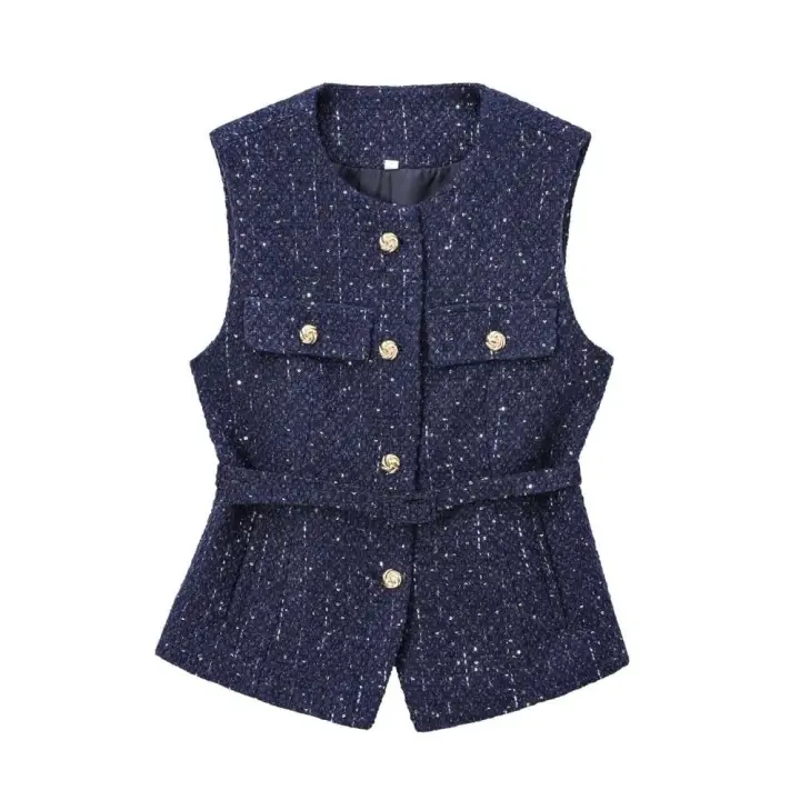 Chaleco de Lana Gruesa con Cinturón Cuello Redondo, Sin Mangas, Botón Frontal, Elegante Top para Mujeres Moda de Vestidos de Moda - 1
