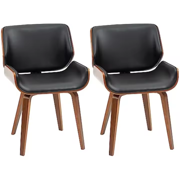 Juego de 2 sillas de comedor estilo vintage con revestimiento sintético negro y patas de madera - 1