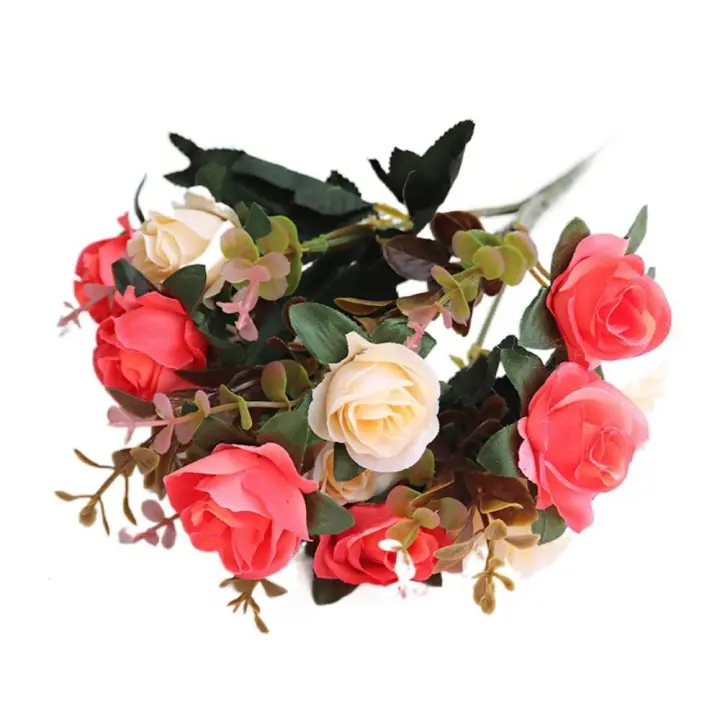 Flores artificiales de rosas con tallos simuladas, flores falsas exquisitas de dos colores, reutilizables, 12 cabezas - 1