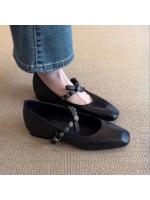 Zapatos franceses de cuero suave para mujer, bailarinas planas con lazo y boca baja, estilo Mary Jane retro con punta cuadrada pequeña, primavera 2025 - details 1