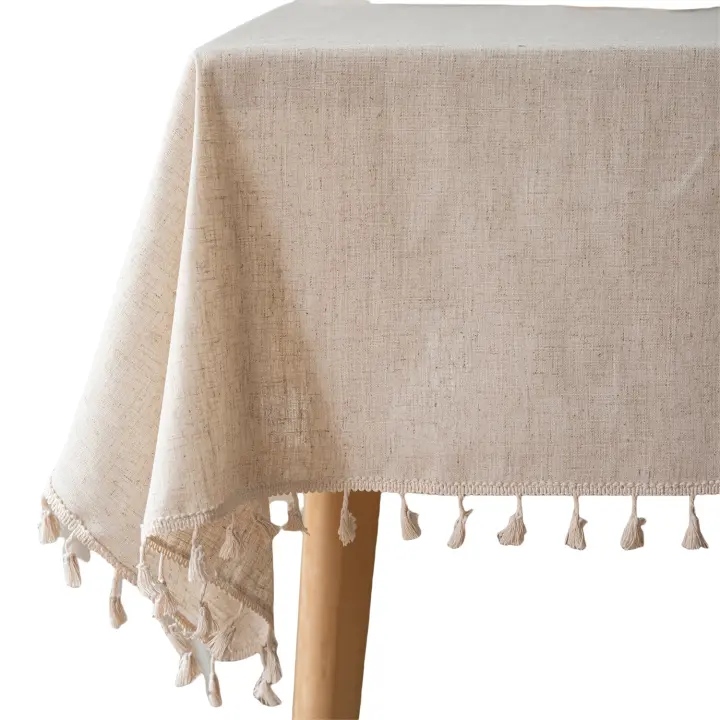 Manteles Rectangular Color Sólido de Lino con Borlas Decoración del Hogar Mantel Antimanchas Cuadrada para Mesa Bodas Fiesta Buffet Beige - 1