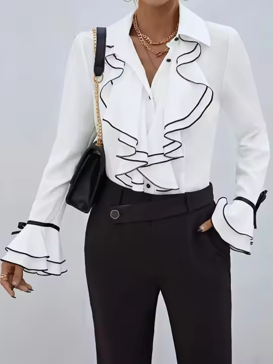 Camisa de primavera y verano, blusas elegantes a la moda para mujer, blusas informales de manga larga acampanada con dobladillo con volantes, camisas elegantes para mujer - 1