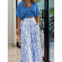 Women casual 2 pieces set elegant v neck short sleeve tops and print wide leg pants - details 4