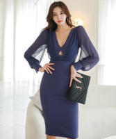BGTEEVER-vestido ajustado con cuello en V para mujer, prenda elegante de manga larga con cintura ajustada, color liso, para otoño - details 2