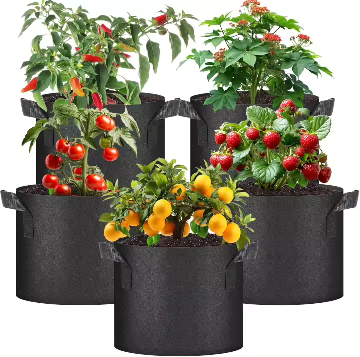 Bolsas para cultivo de plantas de 5 galones, macetas para tomates, paquete de 5 con asas, tela no tejida de aireación, maceta de jardinería resistente para verduras, hierbas y flores, negro - 1
