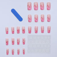 24pcs Uñas Postizas De Ballet Rosa Mediano Con Línea Roja Francesa Adhesivo De Gel Desmontable Y Reutilizable Juego Con Herramienta De Empujar Cutículas - details 2