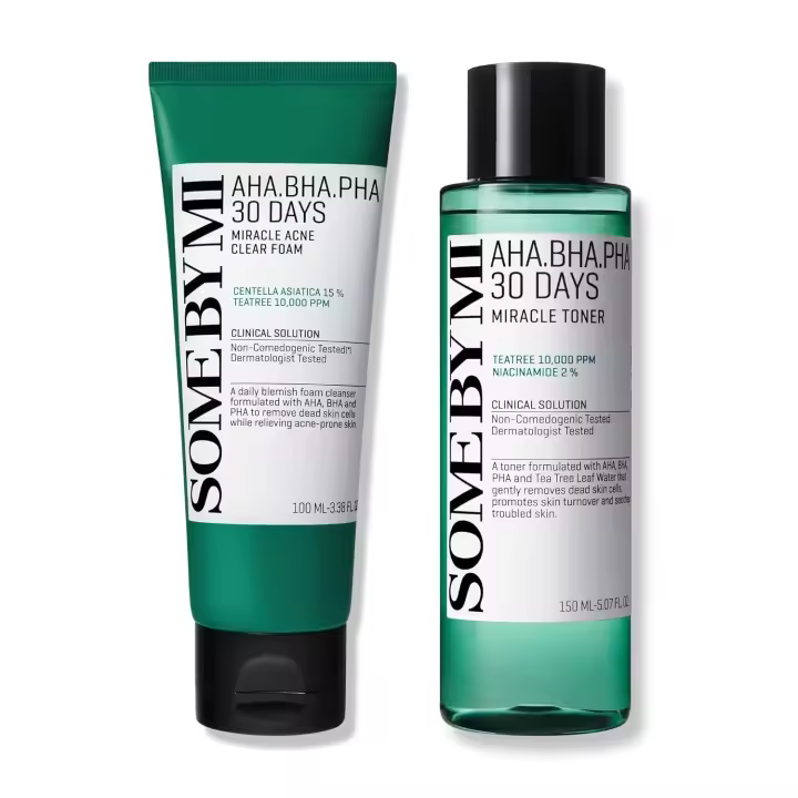 SOME BY MI AHA BHA PHA Espuma transparente milagrosa para el acné de 30 días + 3.38Oz+5.07Oz Hecho de tóner de lavado facial diario sensible a las hojas de árbol de té - 1