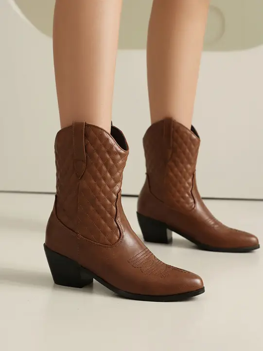 Nuevas botas occidentales de mujer, botines cortos, botines cortos de punta cuadrada retro con tacón grueso para mujer - 1