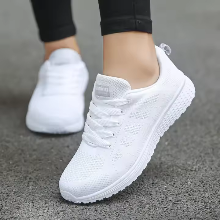 Zapatos sual de mujer, zapatillas vulnizadas de malla plana transpirable, gimnasio, blanco, 2024 - 1