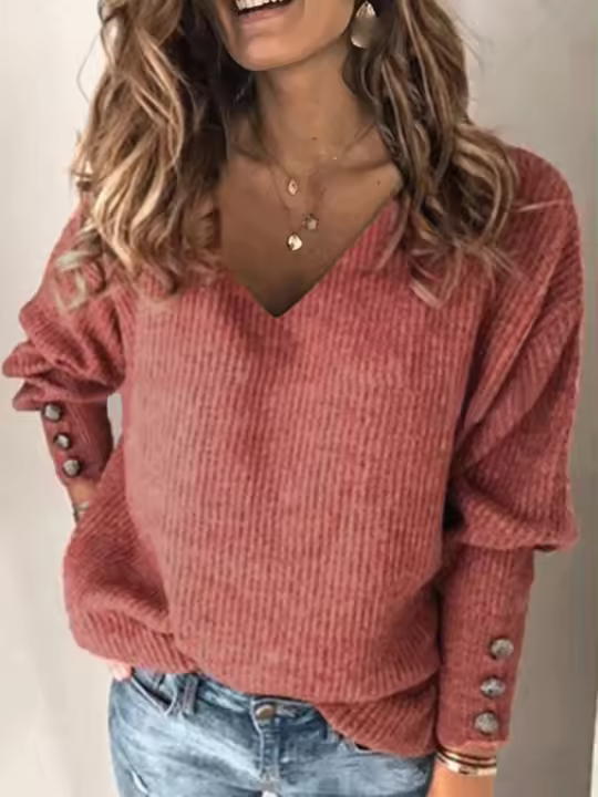 Jersey de Manga Largo para Mujer Jersey Básico de Color Sólido con Cuello en V - 1