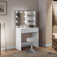 Tocador con Taburete, Tocador Maquillaje con Espejo y Luz, Mesa Tocador con Cajón Grande y 2 Estantes, Espejo, 10 Bombillas LED, Tocador Moderno para Dormitorio, Blanco, 75x40x136 cm, MB6113ws - details 7