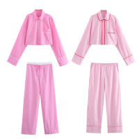 Conjunto de Moda Primaveral para Mujer Ouwu Camisa Corta de Manga Larga con Correa de Cintura Media y Pantalones Anchos - details 1