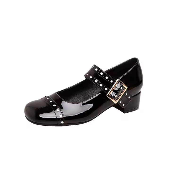Nuevos zapatos franceses Mary Jane cabeza cuadrada diseño de hebilla de una palabra tacón medio grueso boca poco profunda zapatos individuales charol de mujer - 1