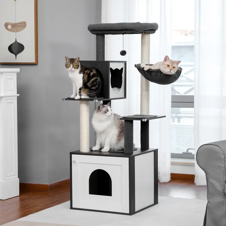 Madera Moderna para gatos con gabinete de almacenamiento, caja de arena y amplio condominio para gatos percha superior grand - 1