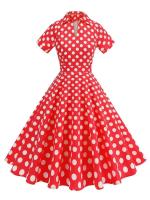Vestido de Algodón con Estampado de Puntos Vintage Hepburn Cuello de Fleca Corto para Mujeres - details 1
