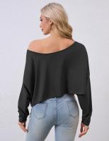 BUNO-Tops informales de punto liso con hombros descubiertos, camisetas de otoño de manga larga con cuello oblicuo conciso para mujer, camisetas deportivas irregulares - details 2