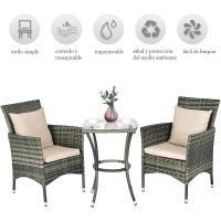 Conjunto Muebles de Jardín Ratán de 3 Piezas, 2 Sillas con Cojines y 1 Mesa de Vidrio Templado, Mesa y Sillas Terraza Terraza Patio Balcón (Beige) - details 4