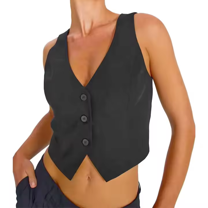 Caot Chaleco de mujer sin mangas, cuello en V y botones, chaqueta de color sólido, chaleco de moda casual diario - 1