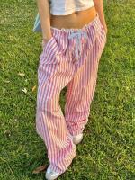Pantalones holgados de pierna recta a rayas para mujer, moda coreana, cintura elástica, empalme de encaje, pantalones femeninos - details 12