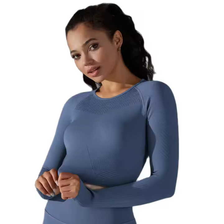 -Top Camisa deportiva de yoga de manga larga a rayas para mujer, sin costuras, que absorbe la humedad - 1