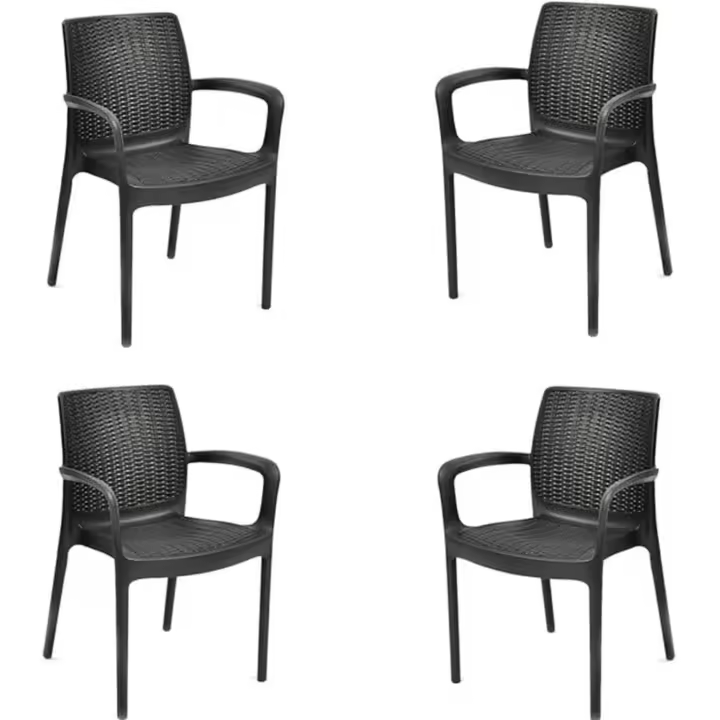 Pack x4 Silla jardín para Interior y Exterior con reposabrazos Ideal para Jardines y terrazas, apilable, Resina con Acabado de ratán Plano, Color Grafito - 1