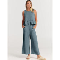 Conjunto casual de verano para mujer, top sin mangas plisado y pantalones cortos de pierna ancha - details 29
