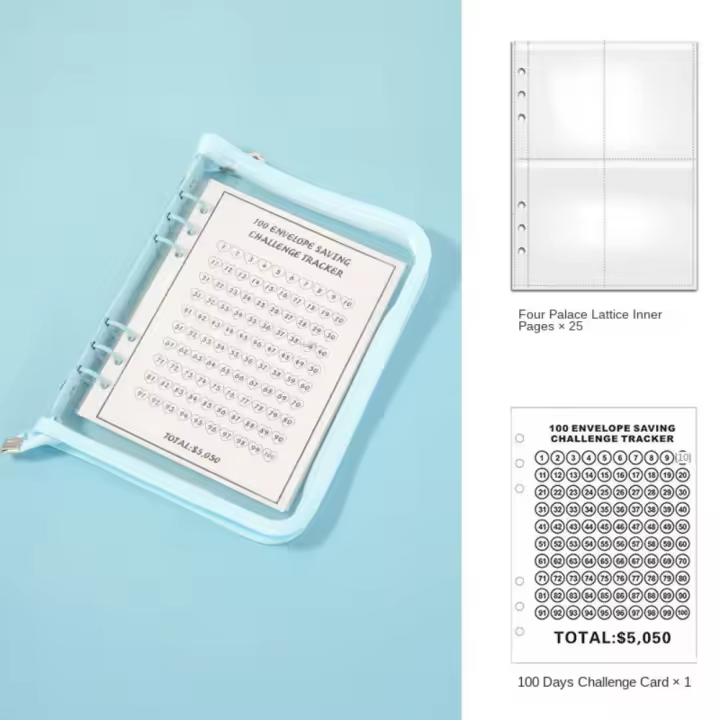 Resistente a desgarros, desafío de sobre de 100 días, juego de cuaderno de hojas sueltas de PVC impermeable, libro de desafíos de ahorro colorido duradero - 1
