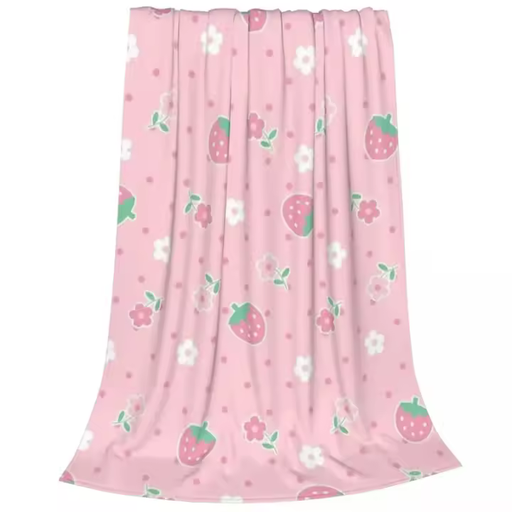 Funda de manta de terciopelo con puntos y flores rosas de fresas, bonita manta suave de sakura Pastel para colcha de viaje en avión - 1