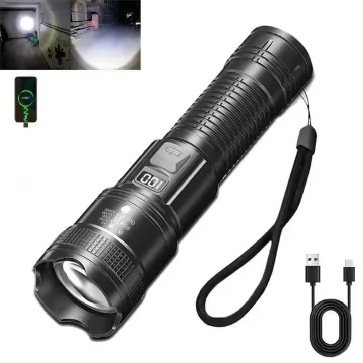 Linterna LED Súper Brillante Recargable por USB con Zoom Táctico Potencia de Enfoque Alta - 1