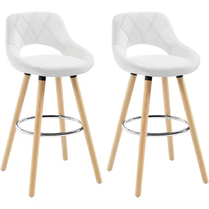 Juego de Taburetes de Cocina Alta 2 Piezas con Resalón y Reposapiés Altos para Bistro, Cafetería y Cocina Funda de Piel Sintética y Patas de Madera Blanco - 1