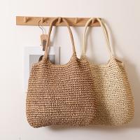 Bolsa de mano tejida de capacidad, estilo informal de vacaciones con correas de hombro fijas, cierre de cremallera, forro de poliéster, color sólido, ideal para viajes al aire libre, camping, compras diarias y almacenamiento - details 0