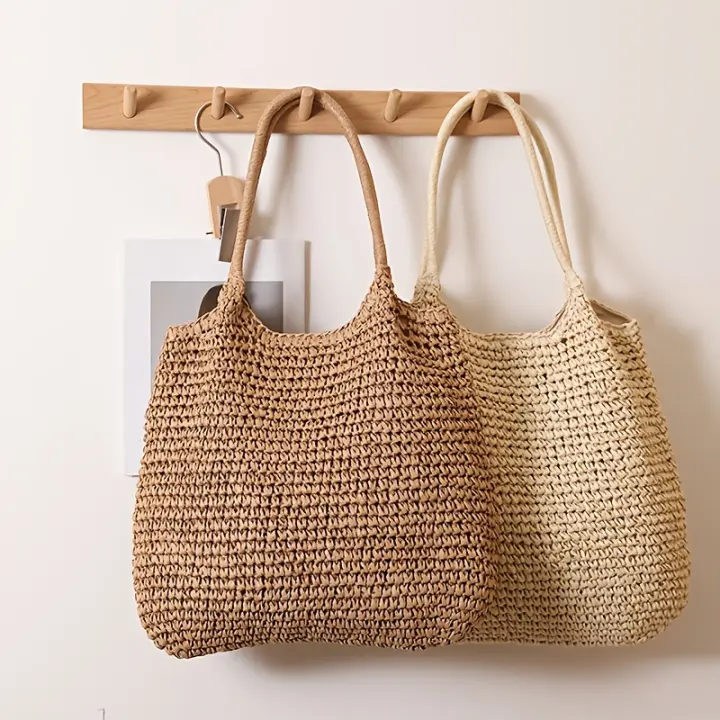 Bolsa de mano tejida de capacidad, estilo informal de vacaciones con correas de hombro fijas, cierre de cremallera, forro de poliéster, color sólido, ideal para viajes al aire libre, camping, compras diarias y almacenamiento - 1