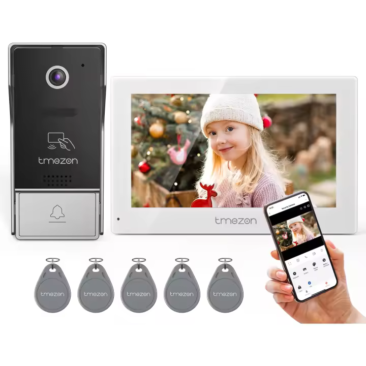 TMEZON Videoportero WiFi 4 Hilos,1080P IP Sistema de intercomunicación con 7 zoll Monitor de Pantalla táctil y Timbre con Cable,Desbloqueo por aplicación/Tarjeta,Instantánea/Grabación,Tuya Smart - 1