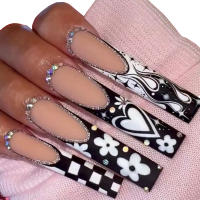 Uñas postizas estrelladas en blanco y negro, patrones únicos de tablero de control, extensión de uñas para uñas, bricolaje en casa - details 5