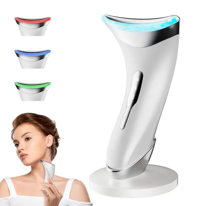 Dispositivo de masaje de elevación de cuello y cara con microcorriente EMS, terapia de luz de 3 colores con base de carga - 1