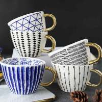 Pellizco de mano taza de cerámica de boca ancha irregular taza de café con mango dorado geométrico taza de avena de gran capacidad taza de agua para parejas - details 1
