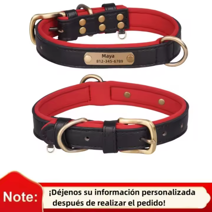 Collar de cuero personalizado para perros pequeños, medianos y grandes, placa de identificación, acolchado suave, nombre grabado gratis, ajustable - 1
