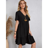 Vestido corto bohemio de verano para mujer, minivestido holgado de manga corta con cuello en V y volantes, informal - details 3