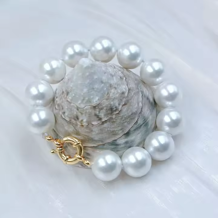 Pulsera elástica de 14mm para mujer, cuentas de perlas de concha Natural, redondas, grandes y exageradas, joyería de 7-9 pulgadas - 1