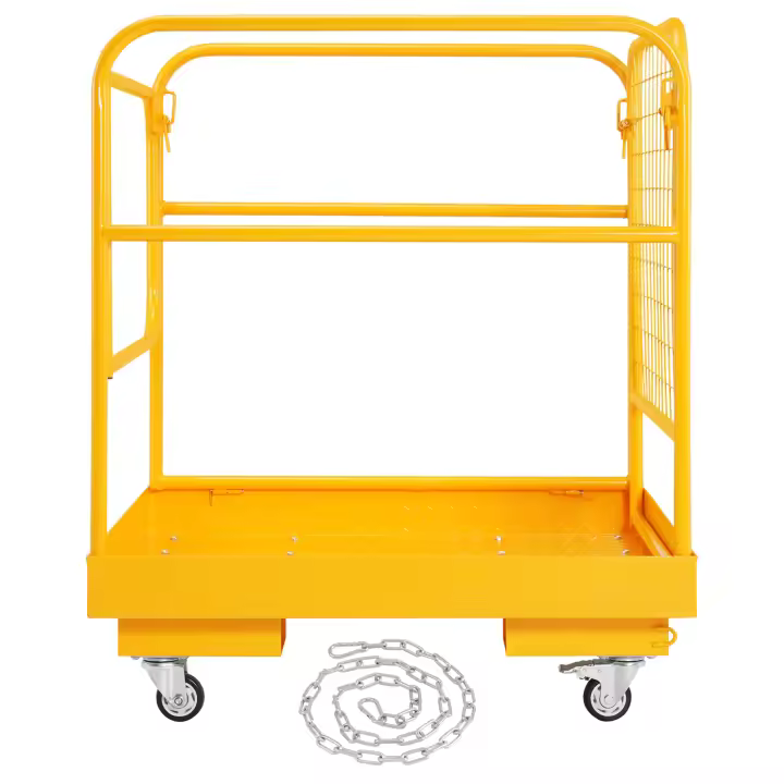 SucceBuy Jaula de seguridad para montacargas Capacidad de carga de 1200 libras Plataforma de trabajo plegable de 36 x 36 pulgadas con ruedas giratorias bloqueables Orificio de drenaje y cadena de dispositivo para 1 a 2 adultos Perfecto para trabajos aéreo - 1