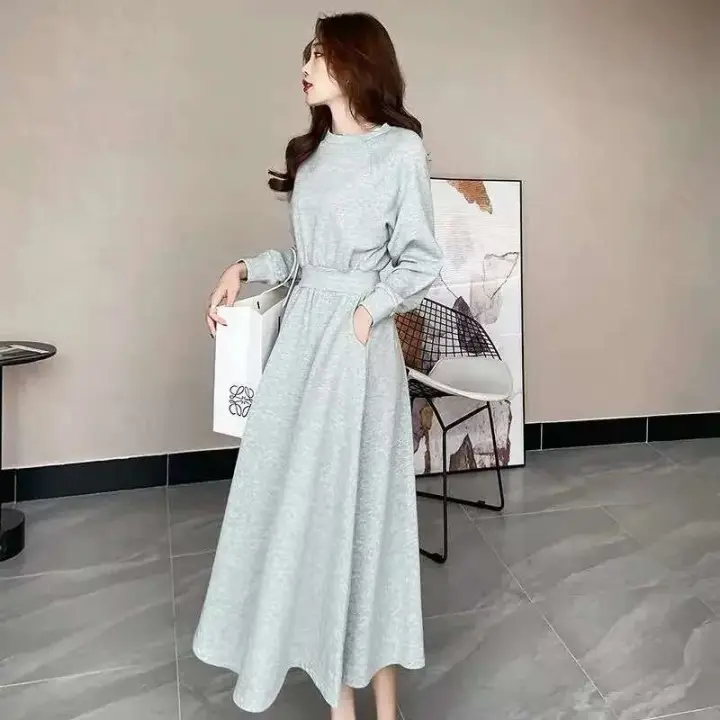Vestido de manga larga con cuello redondo de algodón de alta calidad, corte ajustado y cintura elástica, falda A-e de moda para mujer - 1