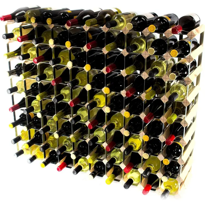 Estantería de vino galvanizada de madera de pino 90 botellas clásica y metal autoensamblable - 1